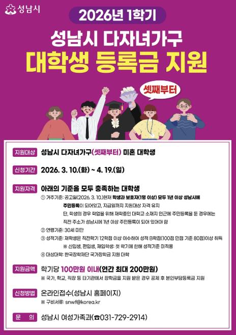 성남시, 셋째 이상 대학생에 '학기당 최대 100만원' 등록금 지원 기사 이미지